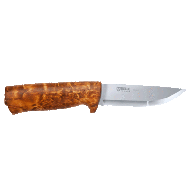 Helle-75Eggen  - 101mm Drop Point H3LS Triple Laminated Stainless Steel Knife (Curly Birch Handle with Dark Brown Sheath)