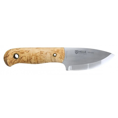 Helle-Mandra - 69mm H3LS Triple Laminated Stainless Steel Knife (Curly Birch & Vulcan Fibre Handle with Leather Sheath)