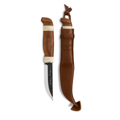 Marttiini MA127013 - 10cm  Carbon Steel Lumberjack Knife (Birch & Reindeer Antler Bone Handle with Brown Leather Sheath)