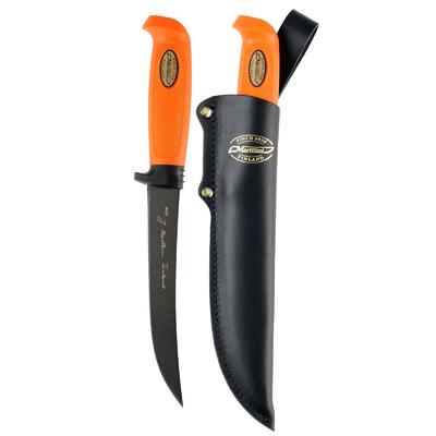 Marttiini MA935024T - 15cm Carbon Steel Martef Boning Knife (Orange Rubber Handle with Black Leather Sheath)