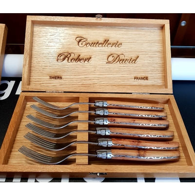 Robert David RDLTF02GEN - Box Of 6 Laguiole Fixed Table Forks (Juniper Wood Handle & Bolsters)