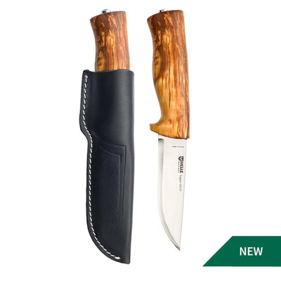 Helle-1075Eggen  - 101mm Drop Point 12C27 Stainless Steel Knife (Curly Birch Handle with Dark Brown Sheath)