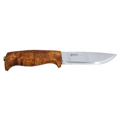 Helle-Gaupe310 - 107mm H3LS Triple Laminated Stainless Steel Knife (Curly Birch Handle with Leather Sheath)