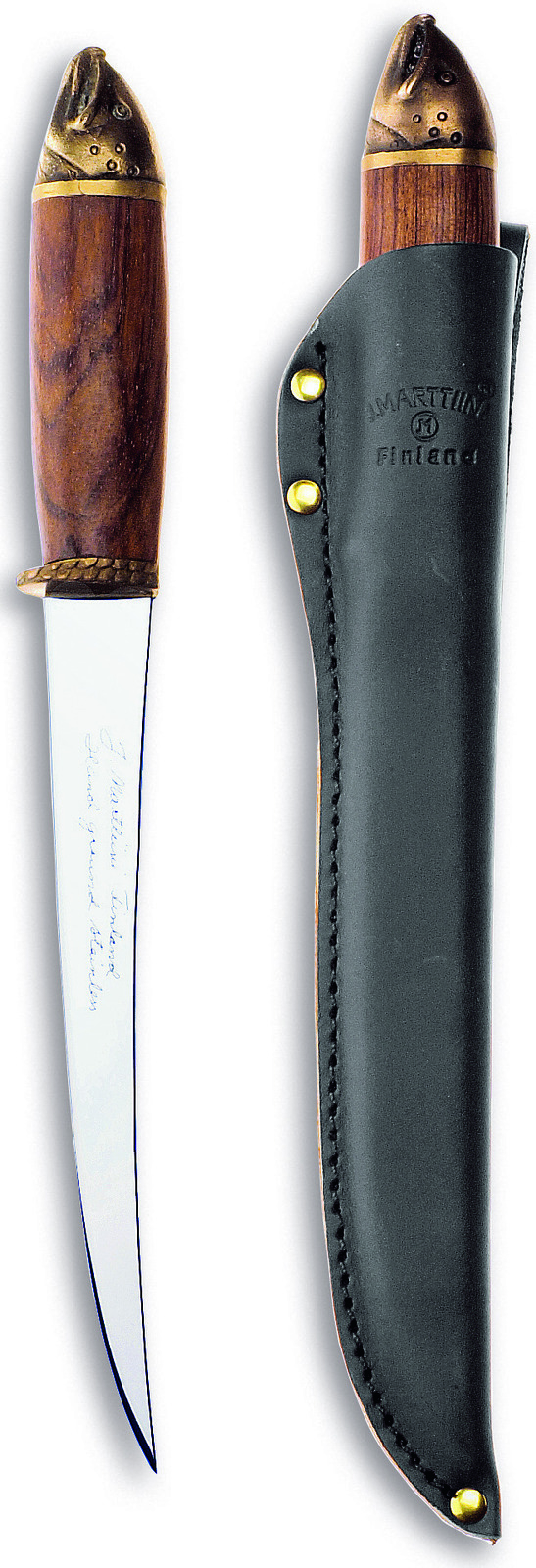 Marttiini Salmon filleting knife 19cm Blade Curly Birch & Bronze Handle