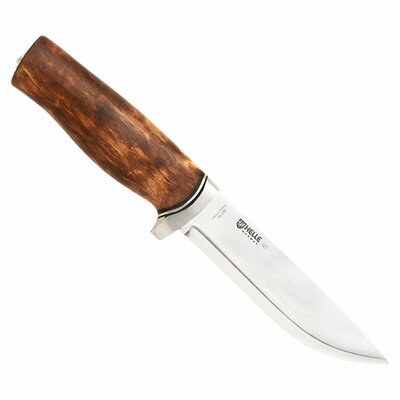 Helle-1036-GT - 123mm Stainless Steel Sandvik 14C28N Knife (Curly Birch, Leather & Aluminum Guard Handle with Dark Brown Leather Sheath)