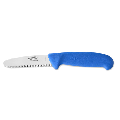 Victory Knives 334309202 - 2mm x 9cm Stainless Steel Blunt End, Serrated Edge 'Deckie's' Knife (Blue Plastic Handle)