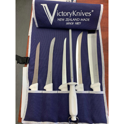 Victory Knives Fishing Set FS -  Canvas Knife Roll With Knives for Fishing (Contains 5 Stainless Steel Knives & Sharpening Steel)