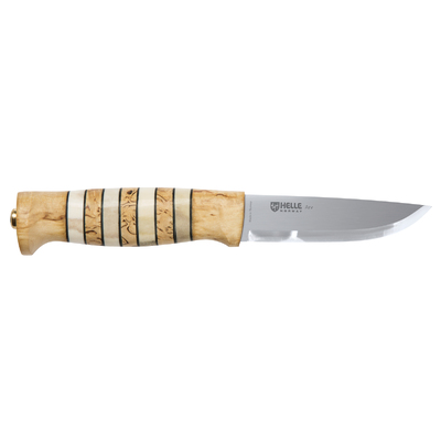 Helle-Arv 87mm blade, curly birch and antler handle with leather