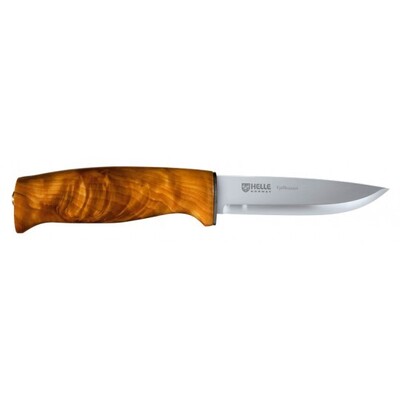 Helle- Fjellkniven 100mm triple laminated full tang blade curly birch handle pouch style sheath