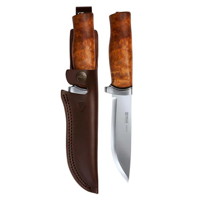 Helle-GT - 123mm  H3LS Triple Laminated Stainless Steel Knife (Curly Birch, Leather & Aluminum Guard with Dark Brown Leather Sheath)