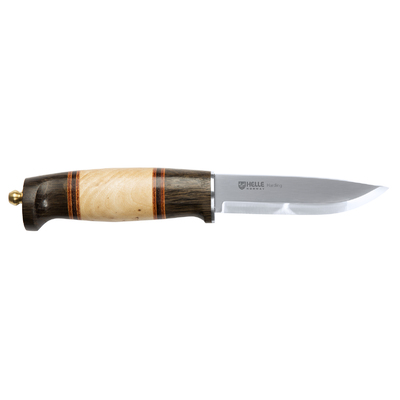 Helle-Harding -100mm Triple Laminated Stainless Steel Knife  (Curly Birch, Leather & Darkened Oak Handle with Dark Brown Leather Sheath)