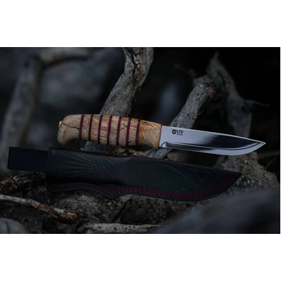 Helle-JS - 110mm Stainless Steel Knife (Curly Birch & Red Leather Handle with Leather Sheath)