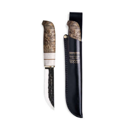 Marttiini MA131030  - 110mm Carbon Steel Aapa Lapp/Lynx Knife (Waxed Curly Birch, Reindeer Antler, Protective Oil Handle with Leather Sheath)
