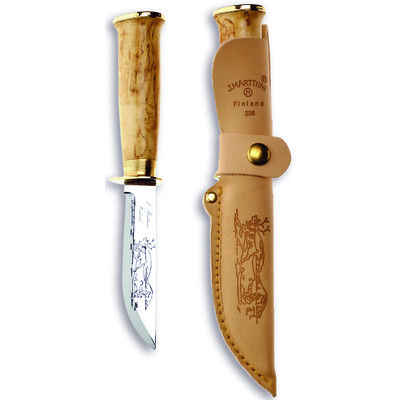 Marttiini MA235010 - 11cm Carbon Steel Engraved Lapp 235 Knife (Silver & Curly Birch Handle with Light Brown Leather Sheath)