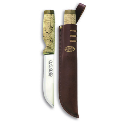 Marttiini MA543015 - 16cm Carbon Steel Ranger Knife (Curly Birch, Heat Treated Birch & Bronze Ferrule with Brown Leather Sheath)