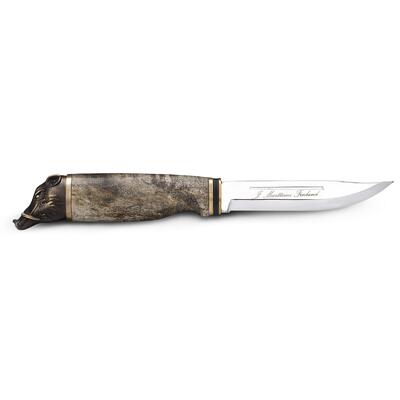 Marttiini MA546013 - 11cm Carbon Steel Wild Boar Knife, In a Wooden Box (Curly Birch, Treated with Grey Coloured Wax Handle with Black Leather Sheath)
