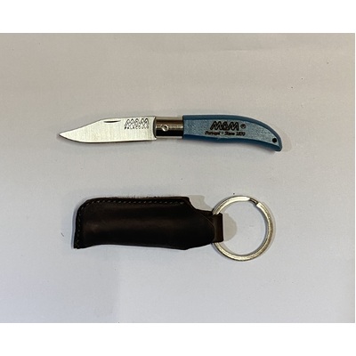 MAM_2001-BLU -45mm Stainless Steel Iberica Pocket Knife with Keyring (Blue Beech Hardwood Handle with Leather Case)