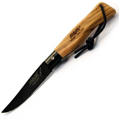 MAM_2212  - 90mm Black Titanium Douro Pocket Knife with Blade Lock & Leather Loop (Beech Hardwood Handle)