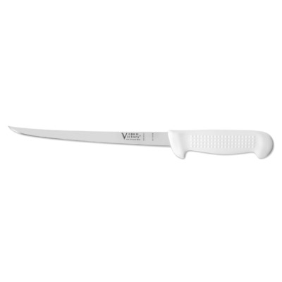 Victory Knives V250622115P - 2.5mm x 22cm Stainless Steel Narrow Filleting Knife, Hang-Sell (White Plastic Handle) 