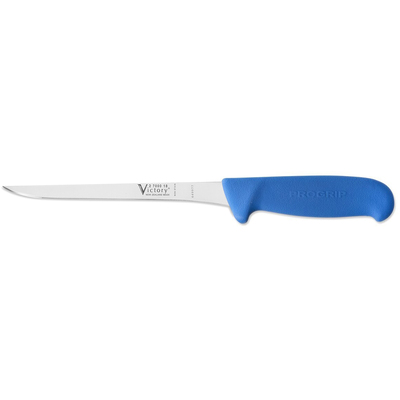 Victory Knives V2700018200BB - 2.5mm x 18cm Stainless Steel Flexible Straight Boning/Filleting Knife, Hang Sell (Blue Progrip Handle)